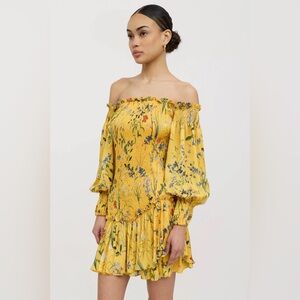 LIKE NEW Alexis Gemina Dress Yellow Floral Smocked Bodice Ruffle Hem